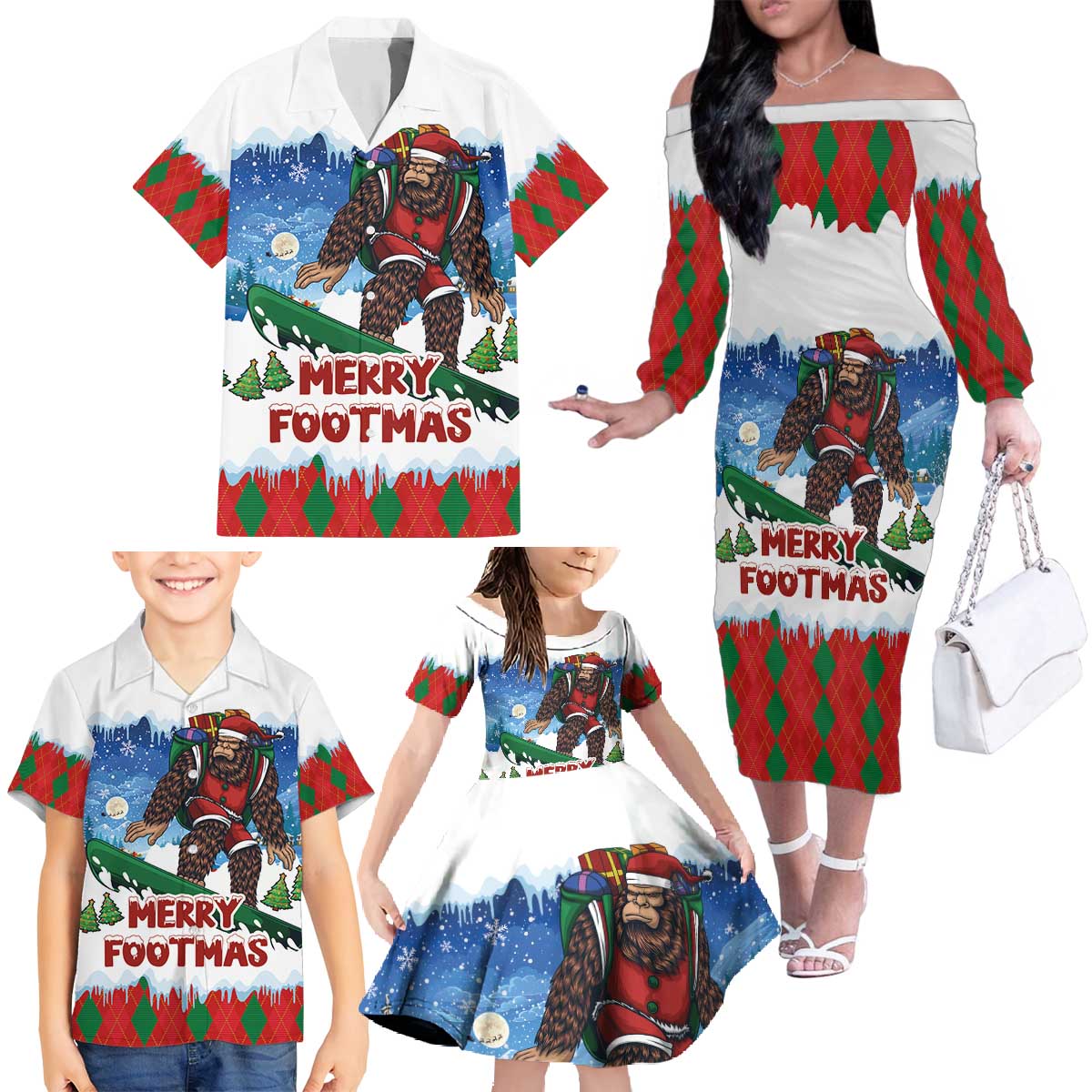 Christmas Bigfoot Ride Snowboard Family Matching Off The Shoulder Long Sleeve Dress and Hawaiian Shirt Merry Footmas Xmas Style - Wonder Print Shop