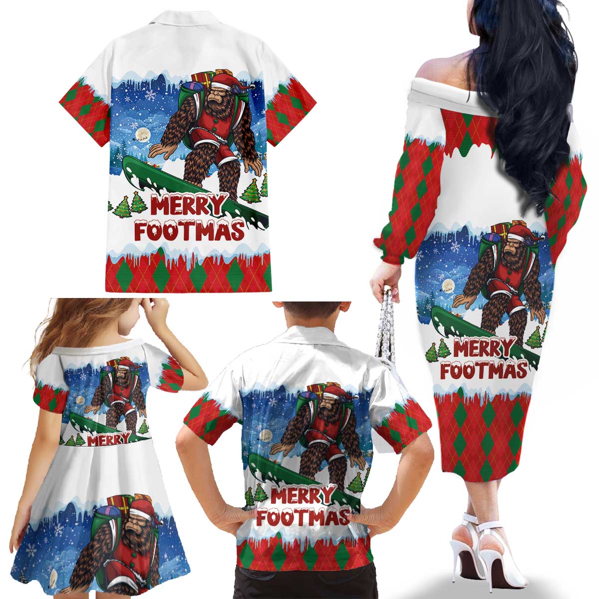 Christmas Bigfoot Ride Snowboard Family Matching Off The Shoulder Long Sleeve Dress and Hawaiian Shirt Merry Footmas Xmas Style - Wonder Print Shop