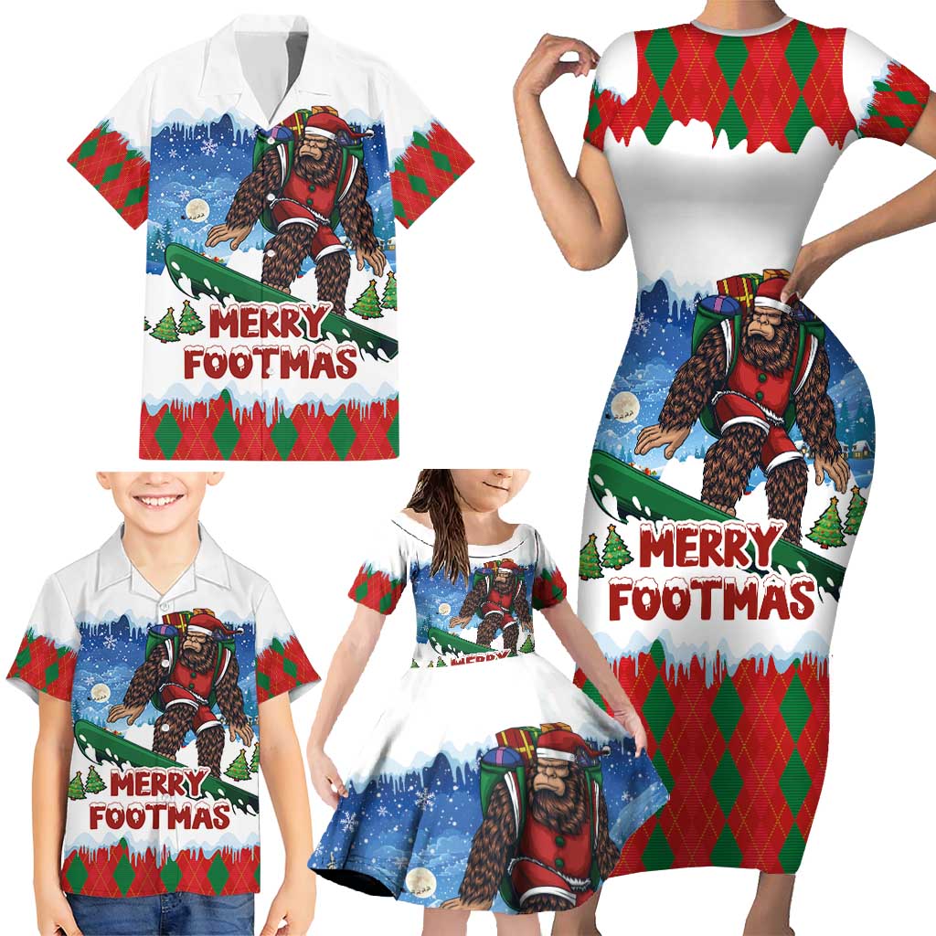 Christmas Bigfoot Ride Snowboard Family Matching Short Sleeve Bodycon Dress and Hawaiian Shirt Merry Footmas Xmas Style - Wonder Print Shop