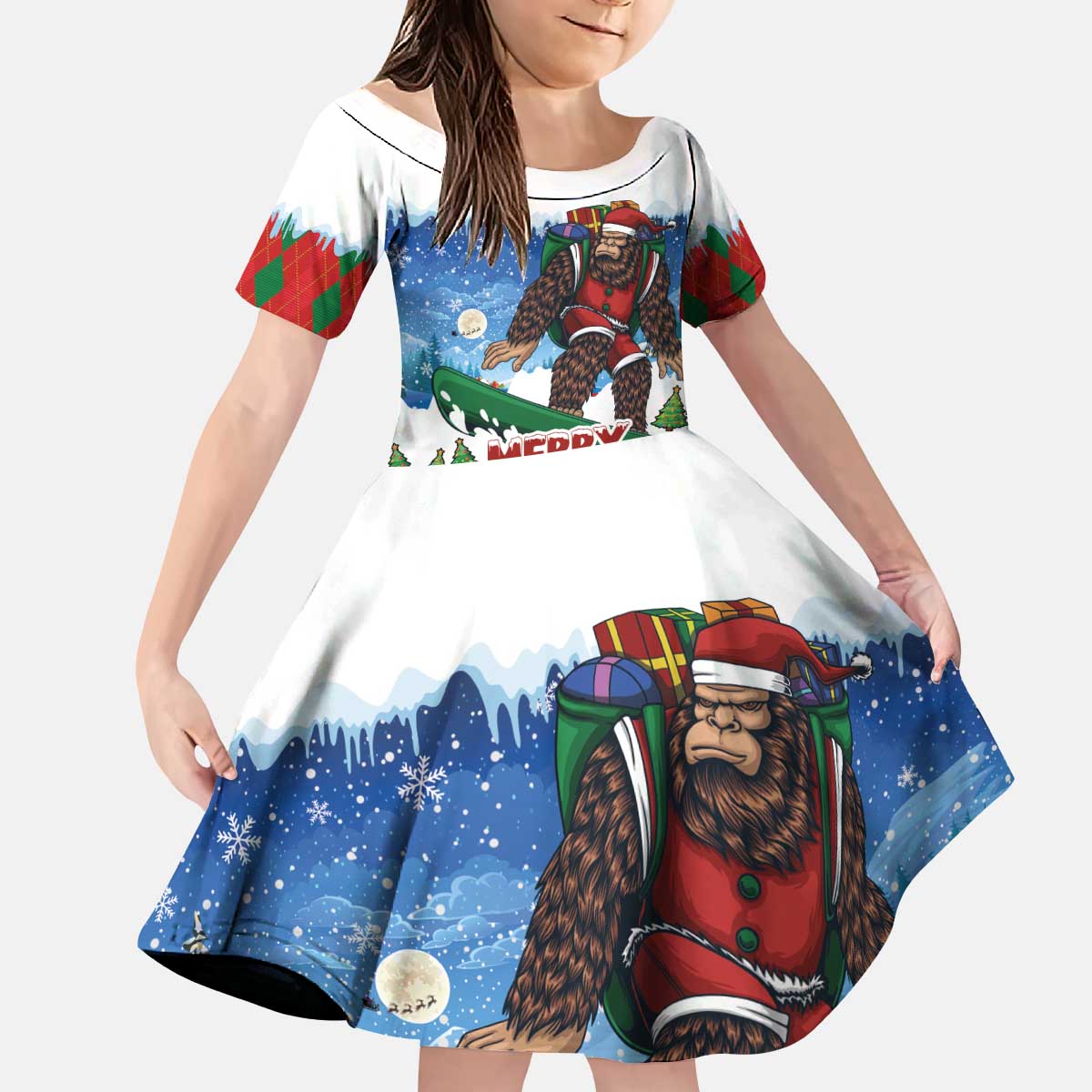 Christmas Bigfoot Ride Snowboard Kid Short Sleeve Dress Merry Footmas Xmas Style - Wonder Print Shop