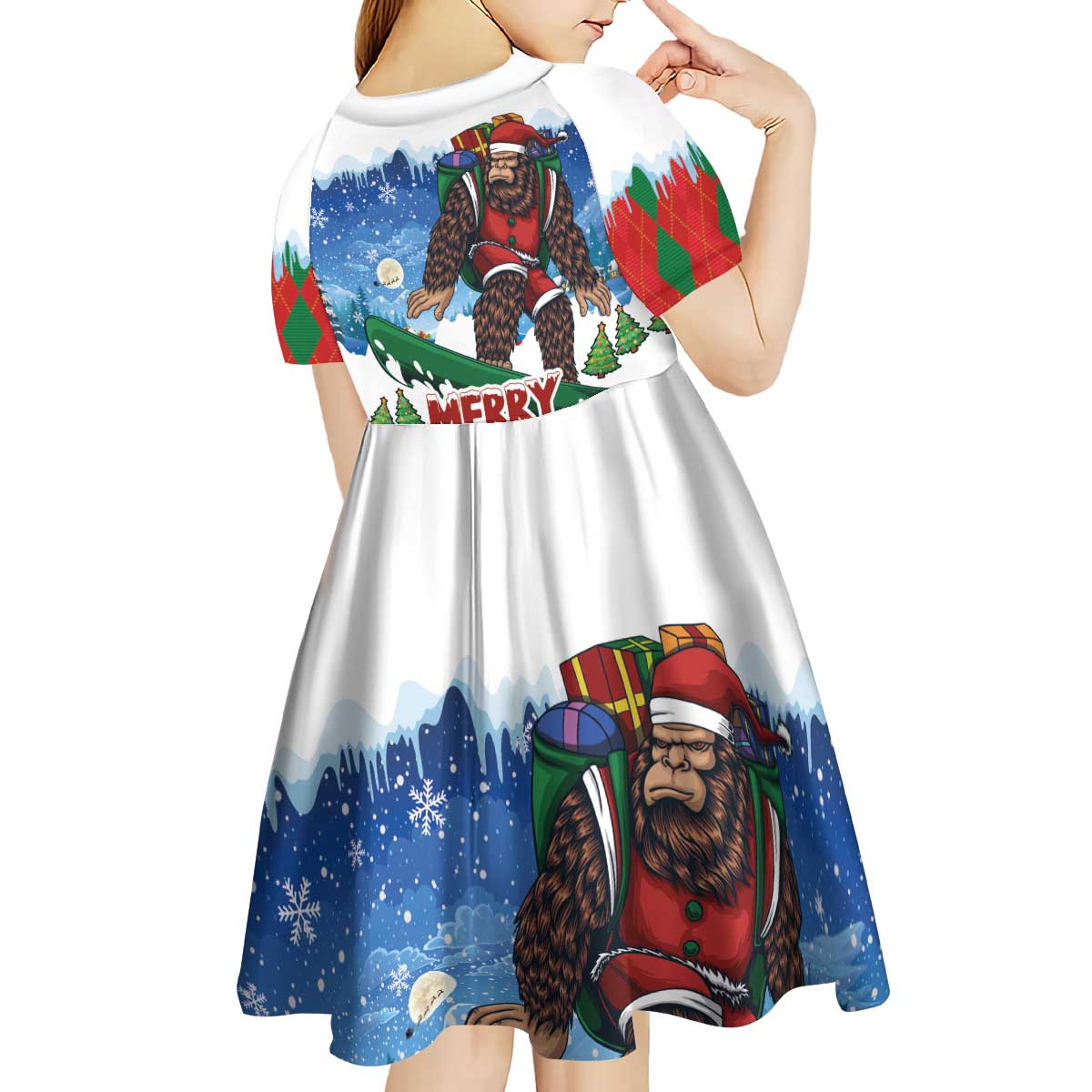 Christmas Bigfoot Ride Snowboard Kid Short Sleeve Dress Merry Footmas Xmas Style - Wonder Print Shop