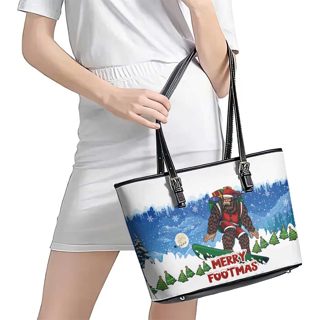 Christmas Bigfoot Ride Snowboard Leather Tote Bag Merry Footmas Xmas Style - Wonder Print Shop