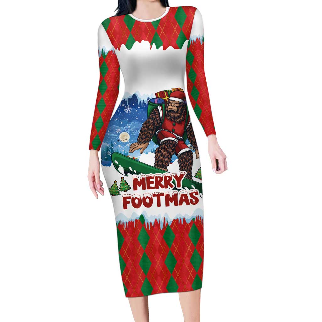 Christmas Bigfoot Ride Snowboard Long Sleeve Bodycon Dress Merry Footmas Xmas Style - Wonder Print Shop