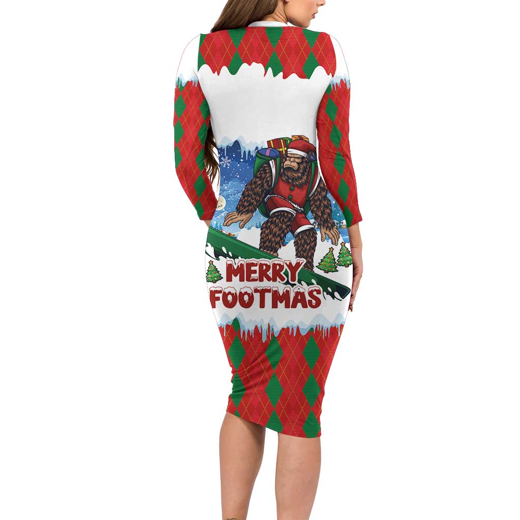 Christmas Bigfoot Ride Snowboard Long Sleeve Bodycon Dress Merry Footmas Xmas Style - Wonder Print Shop