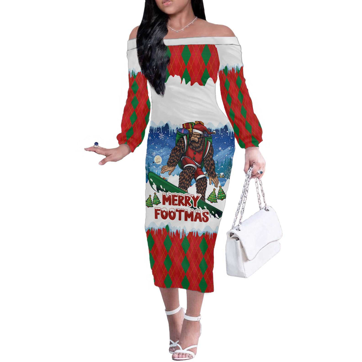 Christmas Bigfoot Ride Snowboard Off The Shoulder Long Sleeve Dress Merry Footmas Xmas Style - Wonder Print Shop