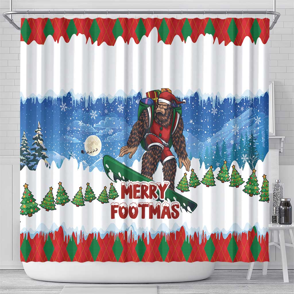 Christmas Bigfoot Ride Snowboard Shower Curtain Merry Footmas Xmas Style