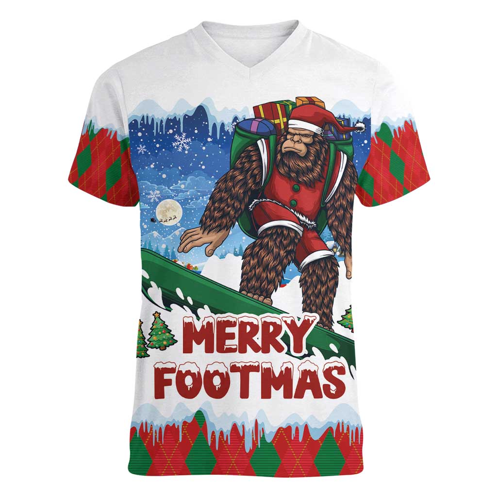 Christmas Bigfoot Ride Snowboard Women V-Neck T-Shirt Merry Footmas Xmas Style - Wonder Print Shop
