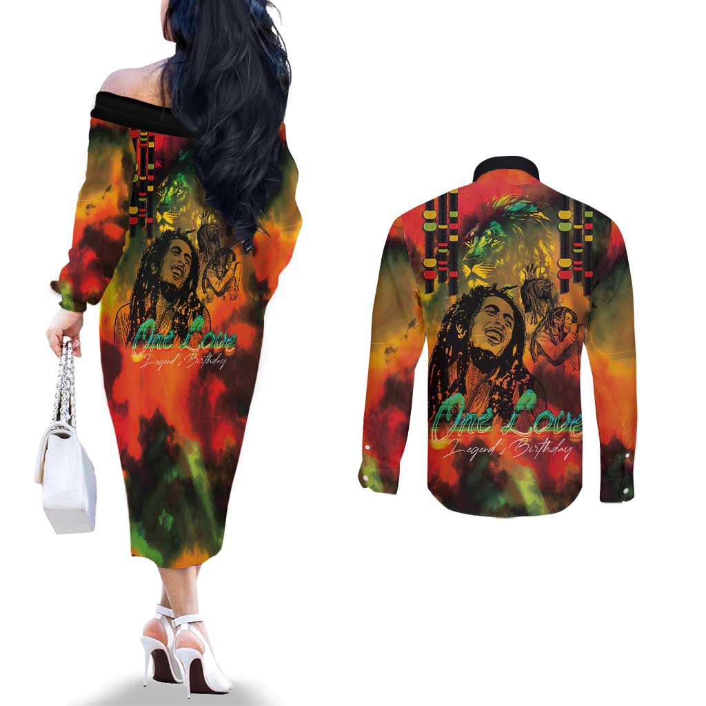Jamaican Reggae Legend's Birthday Couples Matching Off The Shoulder Long Sleeve Dress and Long Sleeve Button Shirt One Love Jamaica