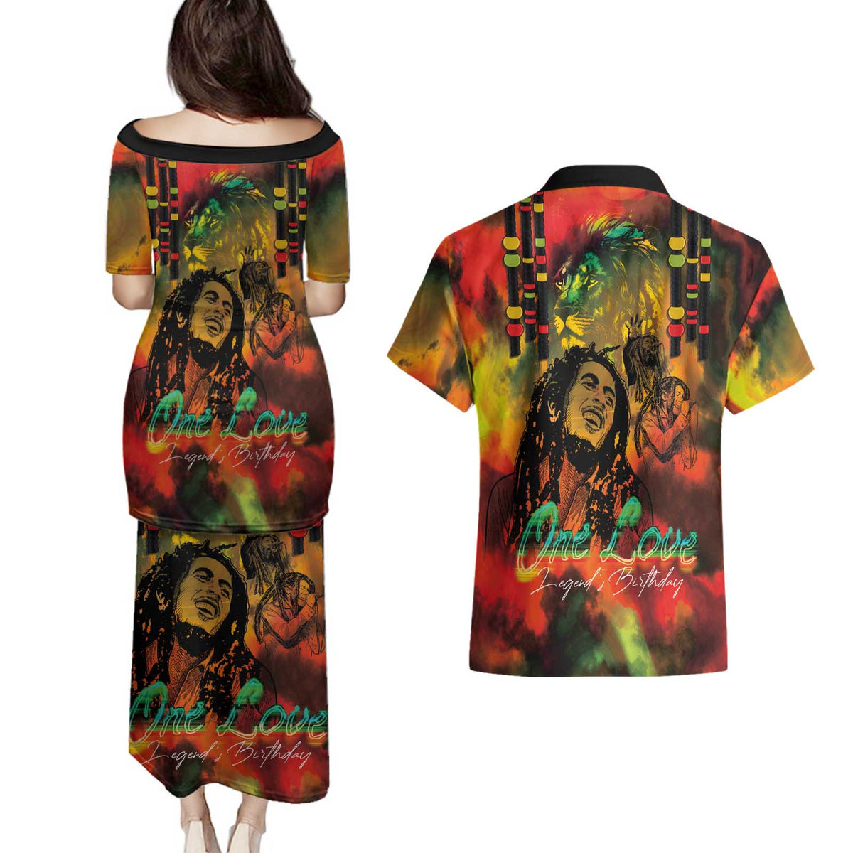Jamaican Reggae Legend's Birthday Couples Matching Puletasi and Hawaiian Shirt One Love Jamaica - Wonder Print Shop