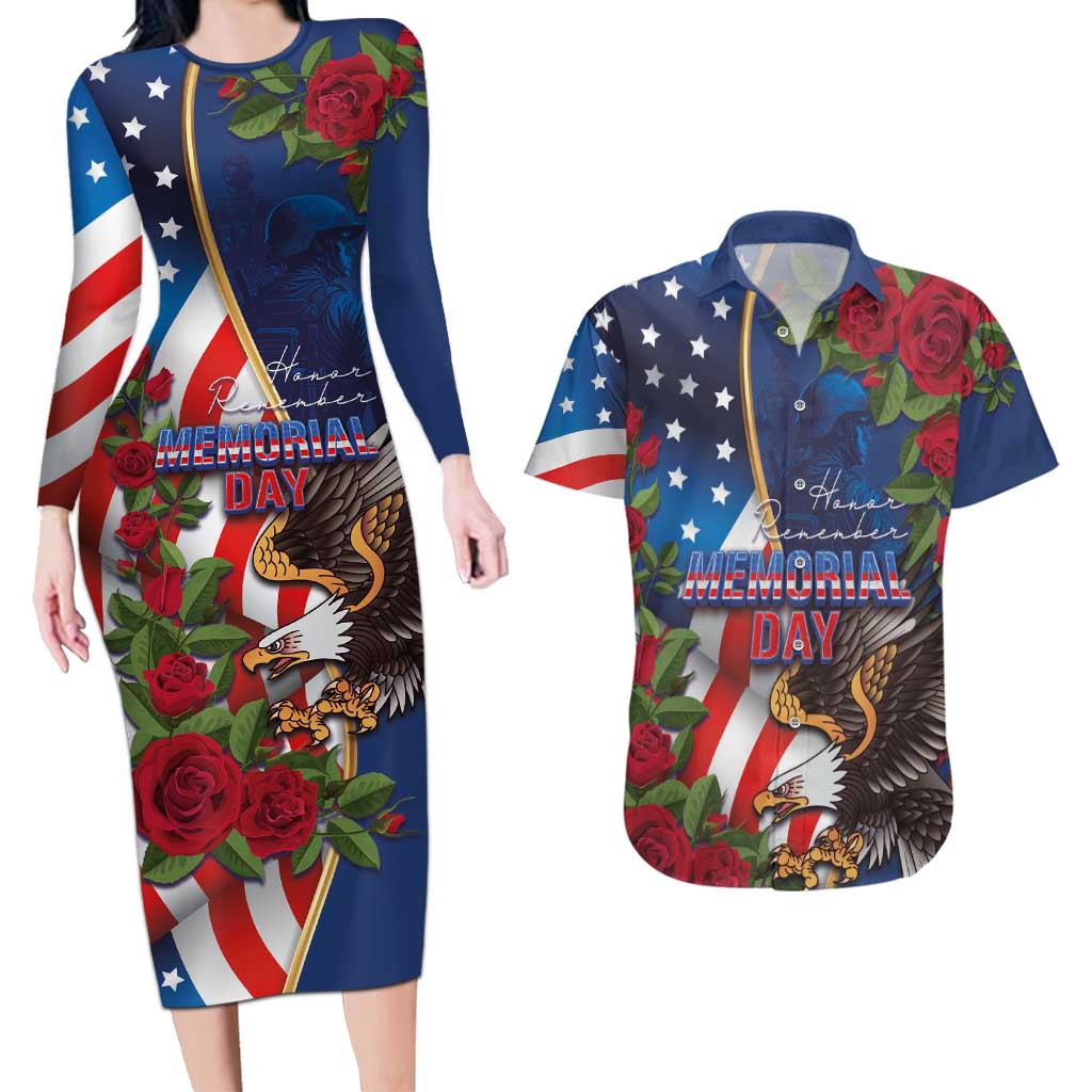 United States Memorial Day-Honor and Remember Couples Matching Long Sleeve Bodycon Dress and Hawaiian Shirt
