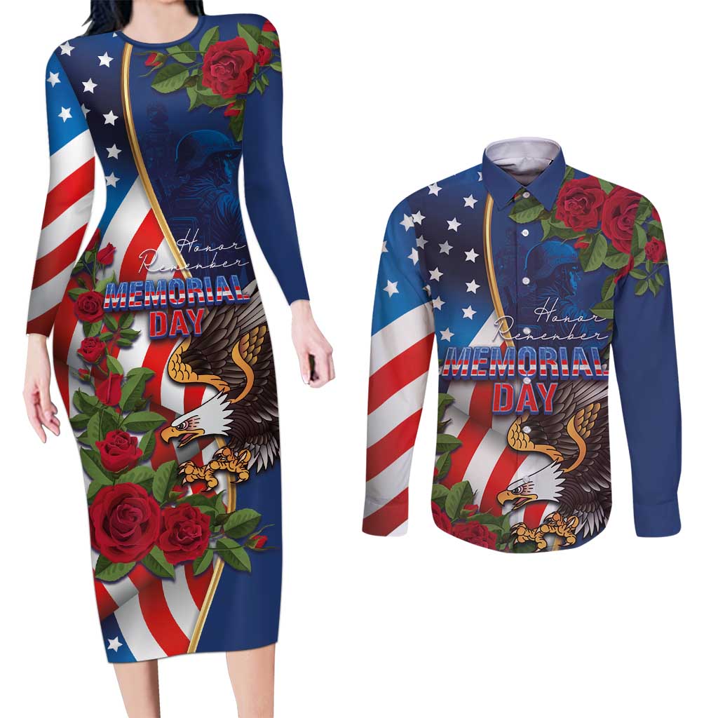 United States Memorial Day-Honor and Remember Couples Matching Long Sleeve Bodycon Dress and Long Sleeve Button Shirt