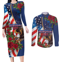 United States Memorial Day-Honor and Remember Couples Matching Long Sleeve Bodycon Dress and Long Sleeve Button Shirt