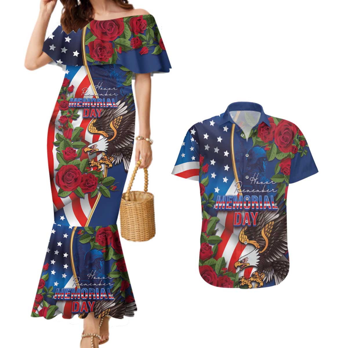 United States Memorial Day-Honor and Remember Couples Matching Mermaid Dress and Hawaiian Shirt