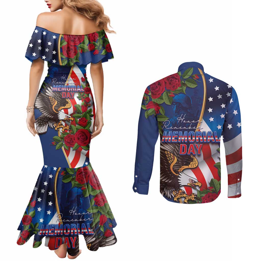United States Memorial Day-Honor and Remember Couples Matching Mermaid Dress and Long Sleeve Button Shirt
