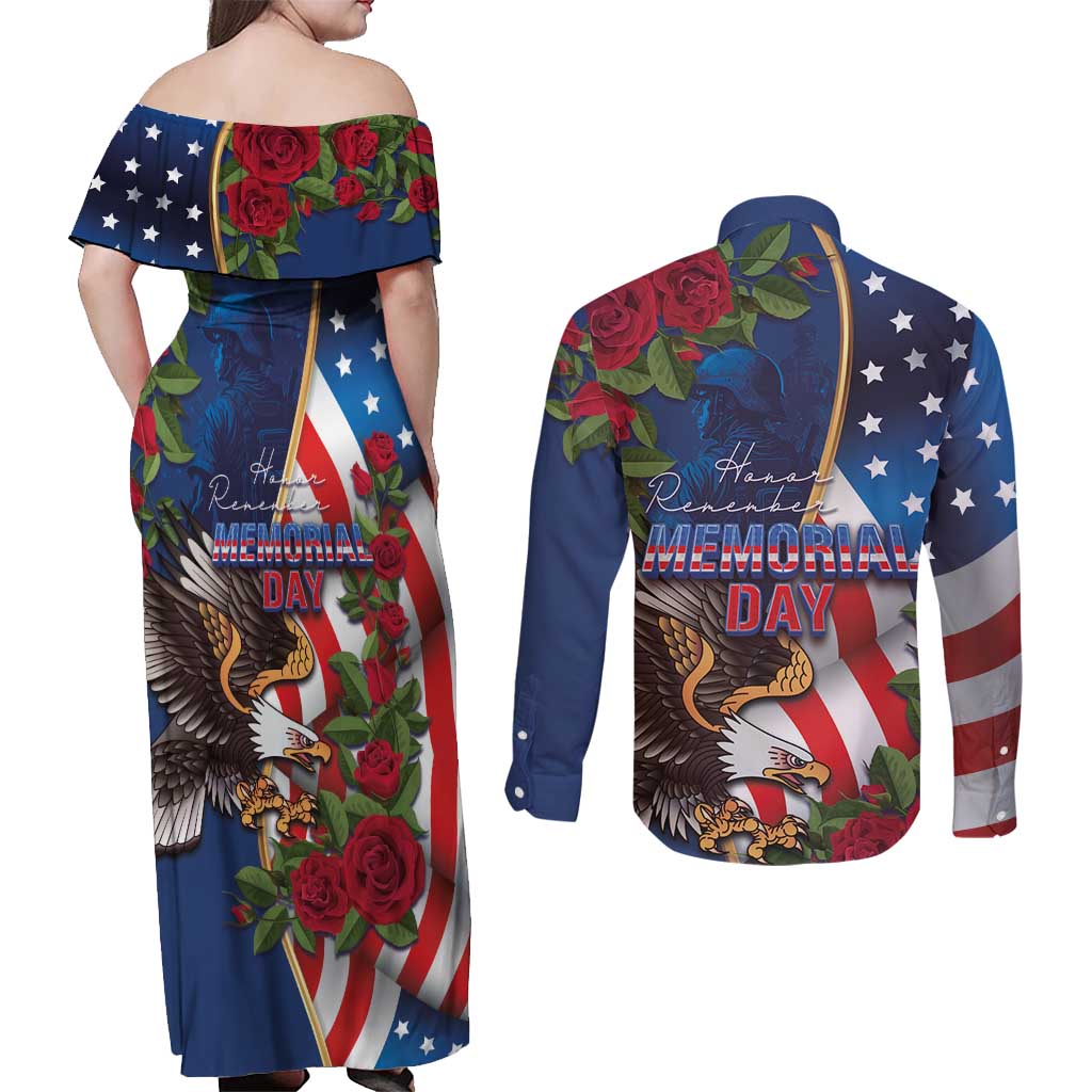 United States Memorial Day-Honor and Remember Couples Matching Off Shoulder Maxi Dress and Long Sleeve Button Shirt
