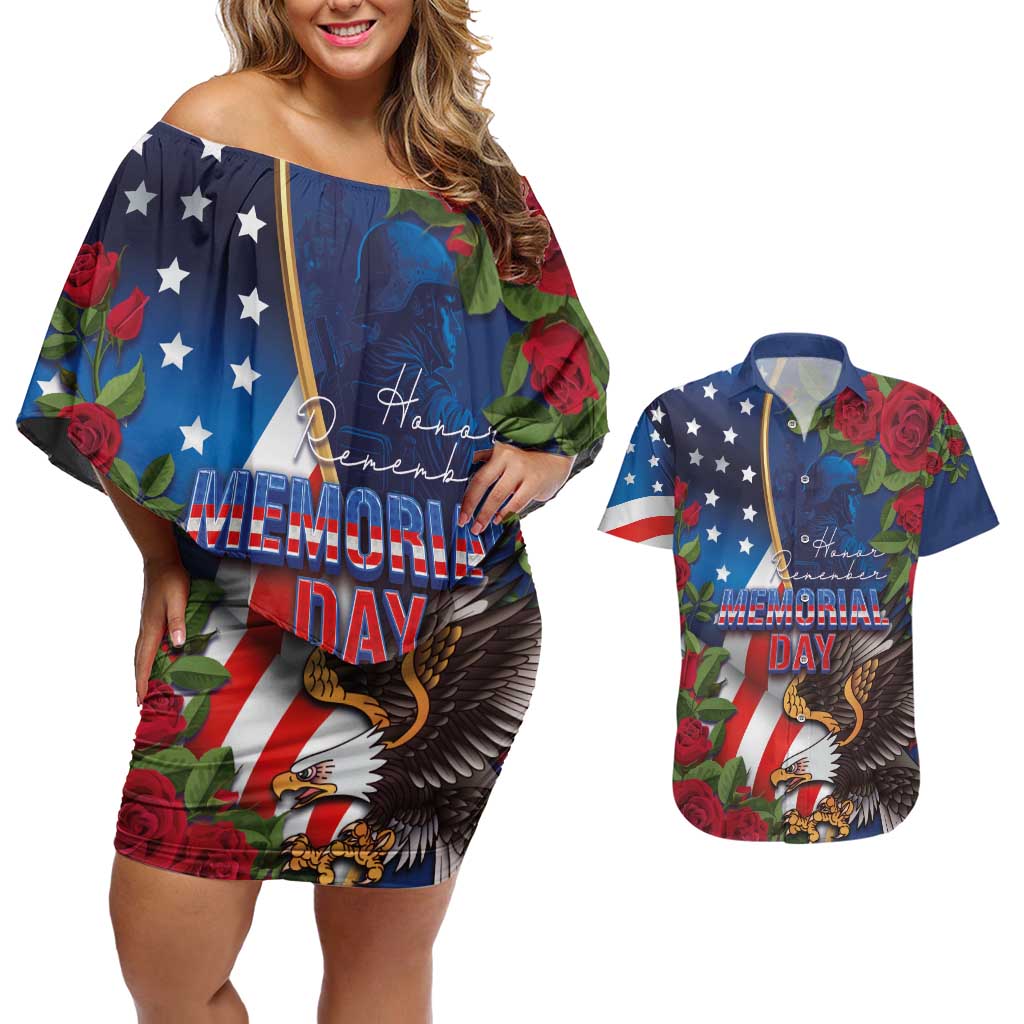 United States Memorial Day-Honor and Remember Couples Matching Off Shoulder Short Dress and Hawaiian Shirt