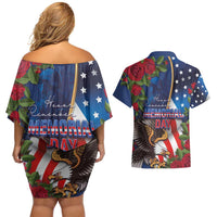 United States Memorial Day-Honor and Remember Couples Matching Off Shoulder Short Dress and Hawaiian Shirt