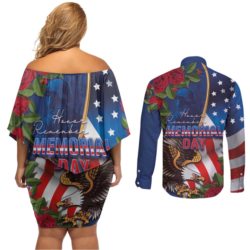 United States Memorial Day-Honor and Remember Couples Matching Off Shoulder Short Dress and Long Sleeve Button Shirt