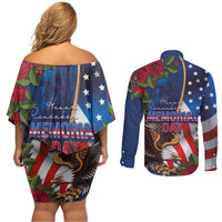United States Memorial Day-Honor and Remember Couples Matching Off Shoulder Short Dress and Long Sleeve Button Shirt