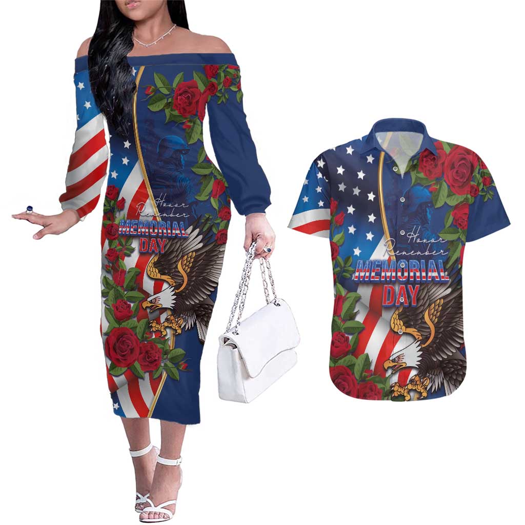 United States Memorial Day-Honor and Remember Couples Matching Off The Shoulder Long Sleeve Dress and Hawaiian Shirt