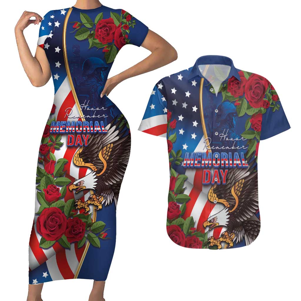 United States Memorial Day-Honor and Remember Couples Matching Short Sleeve Bodycon Dress and Hawaiian Shirt
