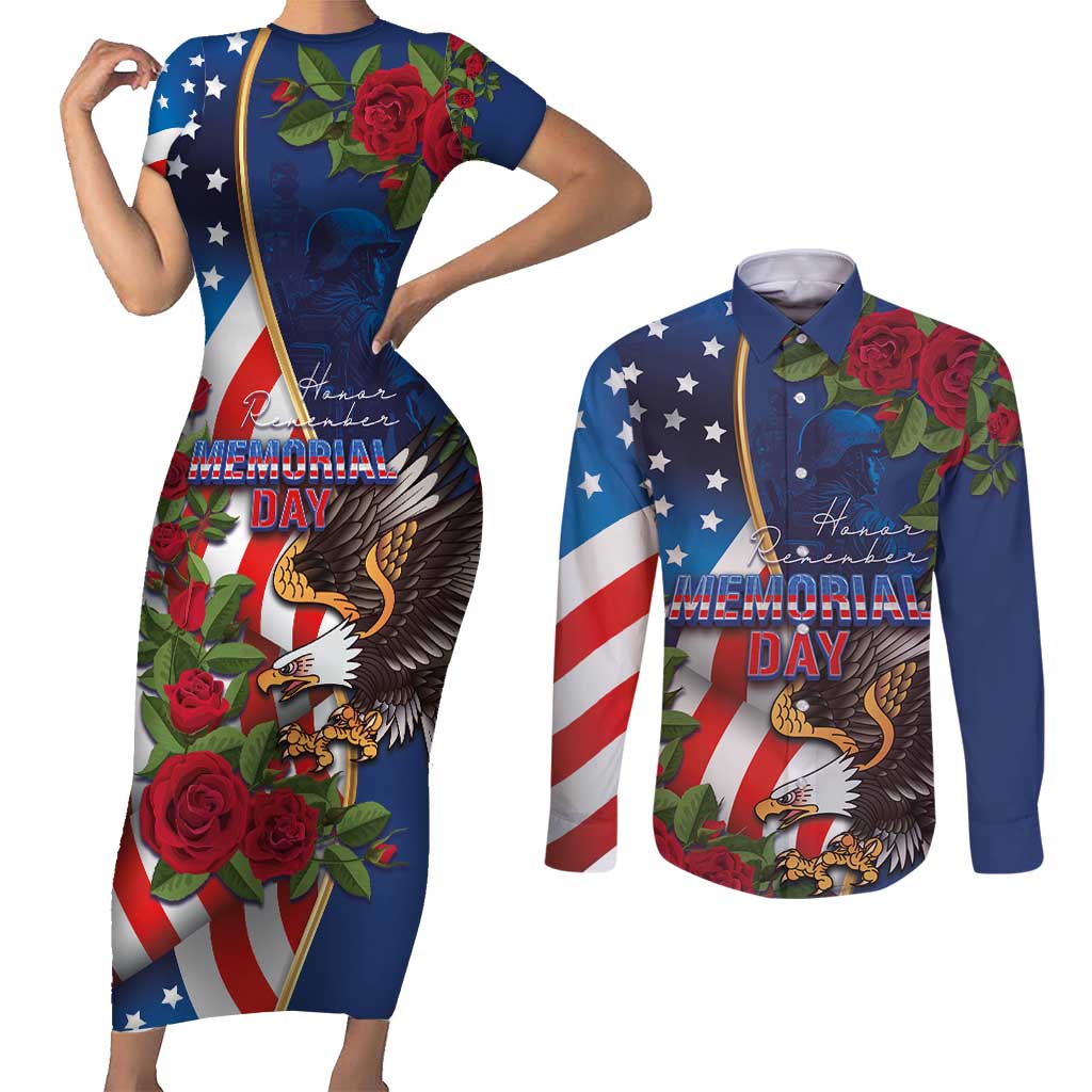 United States Memorial Day-Honor and Remember Couples Matching Short Sleeve Bodycon Dress and Long Sleeve Button Shirt
