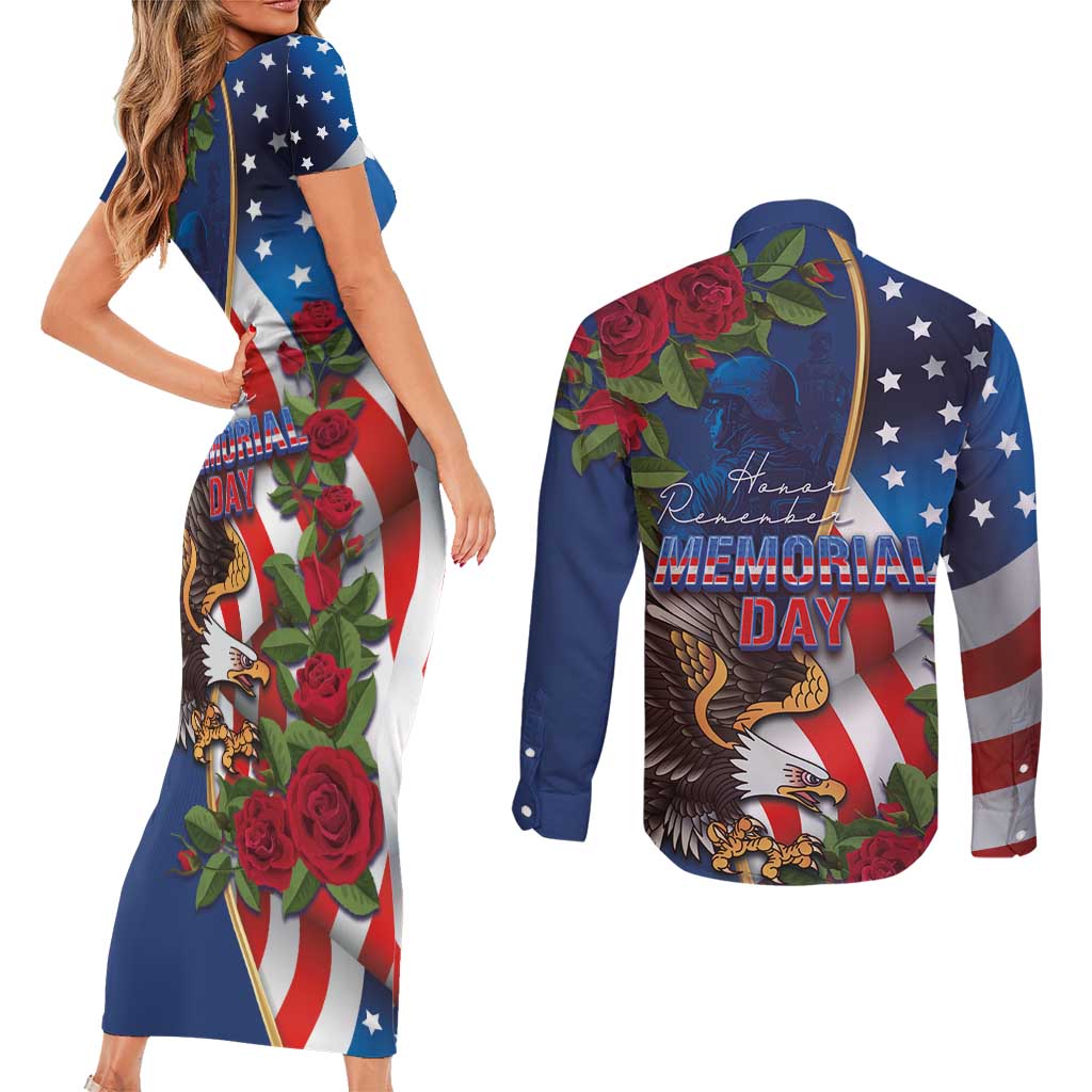 United States Memorial Day-Honor and Remember Couples Matching Short Sleeve Bodycon Dress and Long Sleeve Button Shirt