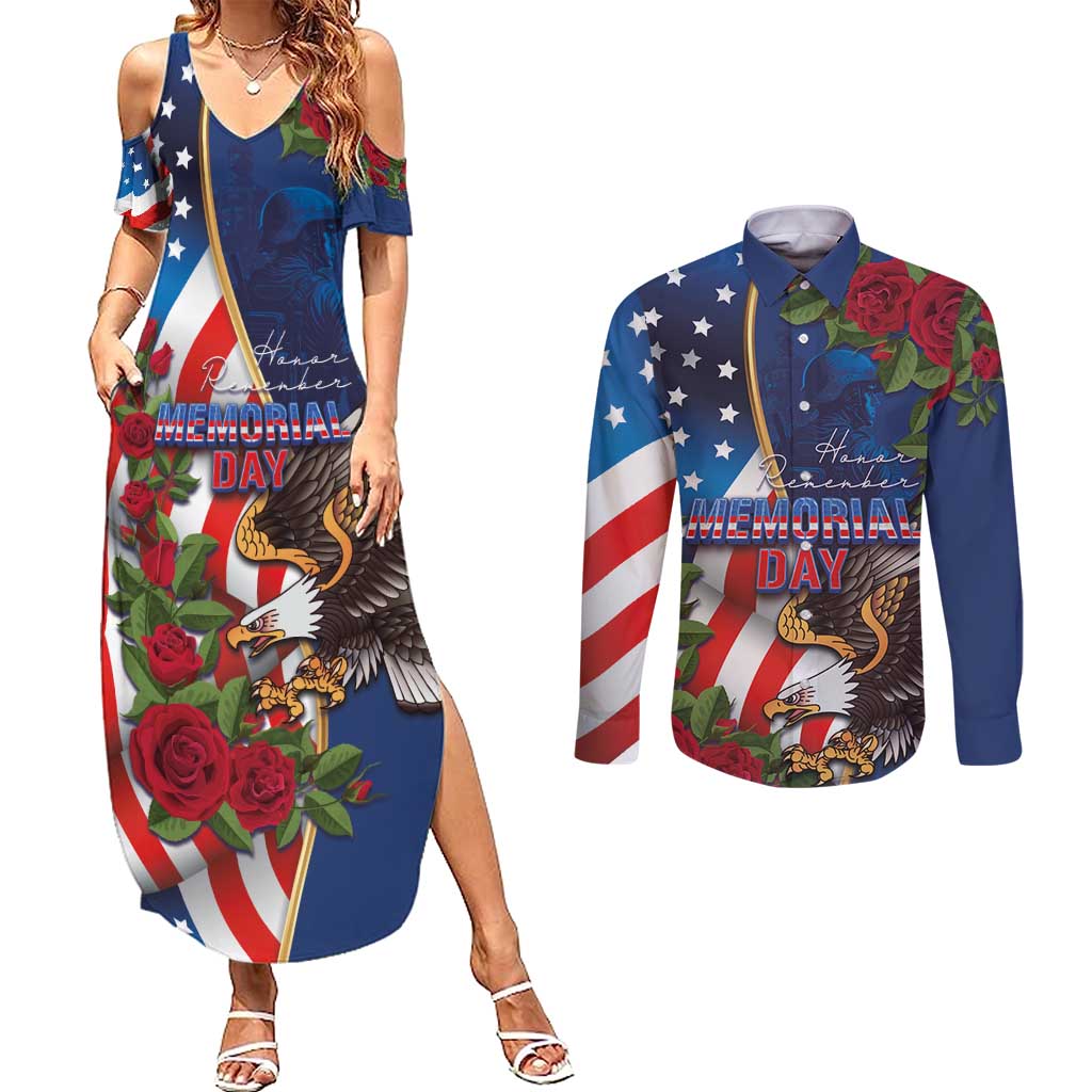 United States Memorial Day-Honor and Remember Couples Matching Summer Maxi Dress and Long Sleeve Button Shirt