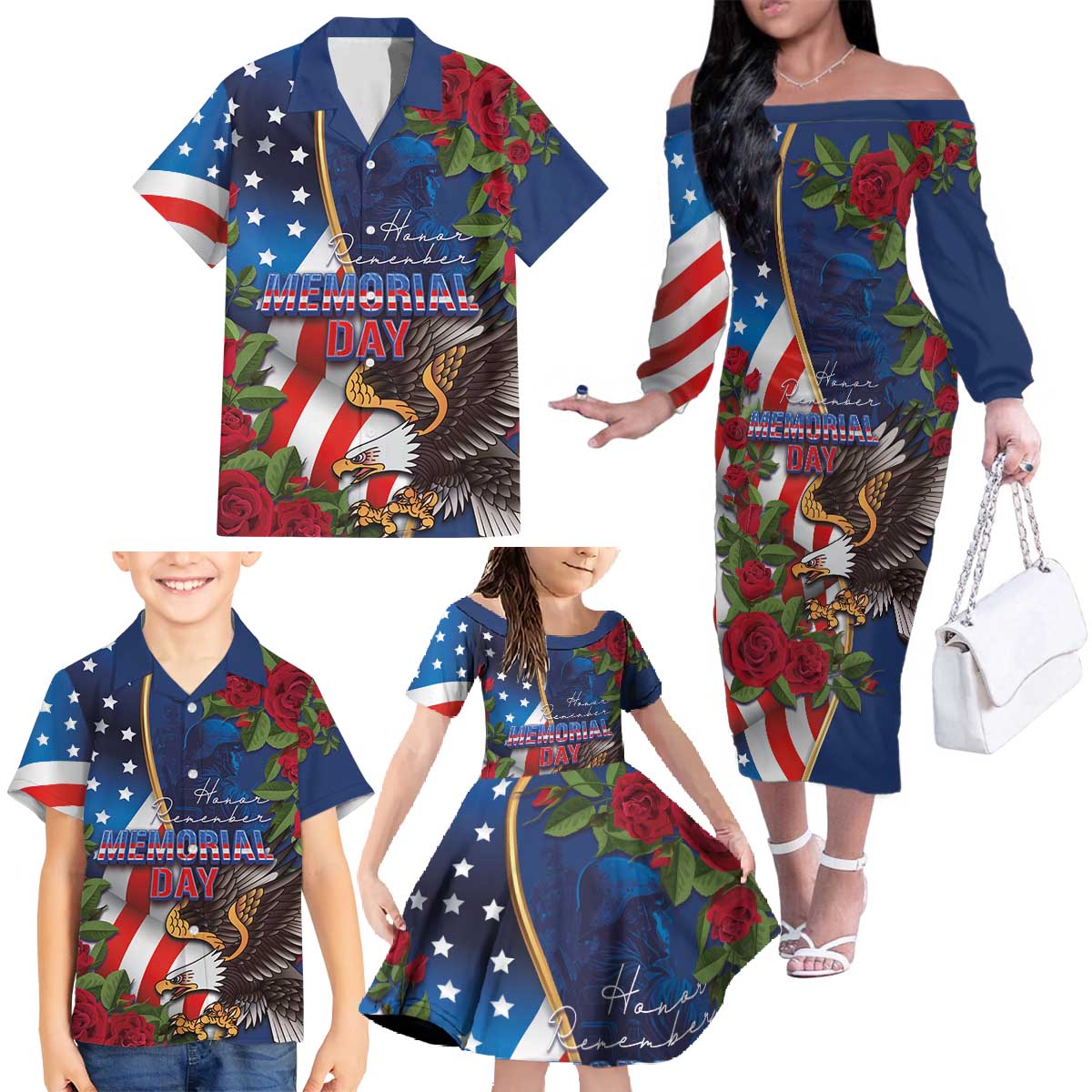United States Memorial Day-Honor and Remember Family Matching Off The Shoulder Long Sleeve Dress and Hawaiian Shirt
