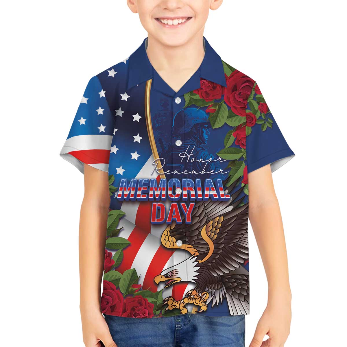 United States Memorial Day-Honor and Remember Family Matching Off The Shoulder Long Sleeve Dress and Hawaiian Shirt