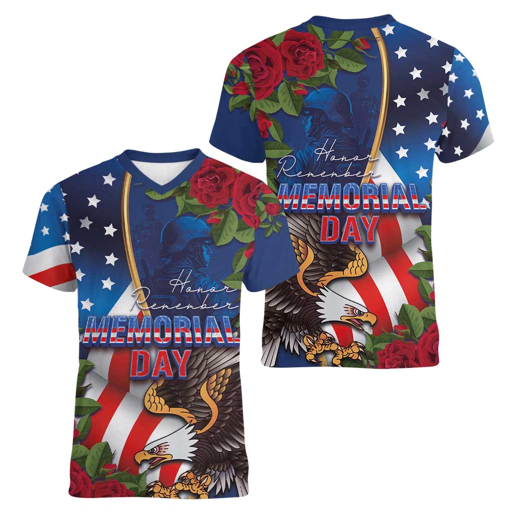 United States Memorial Day-Honor and Remember Women V-Neck T-Shirt