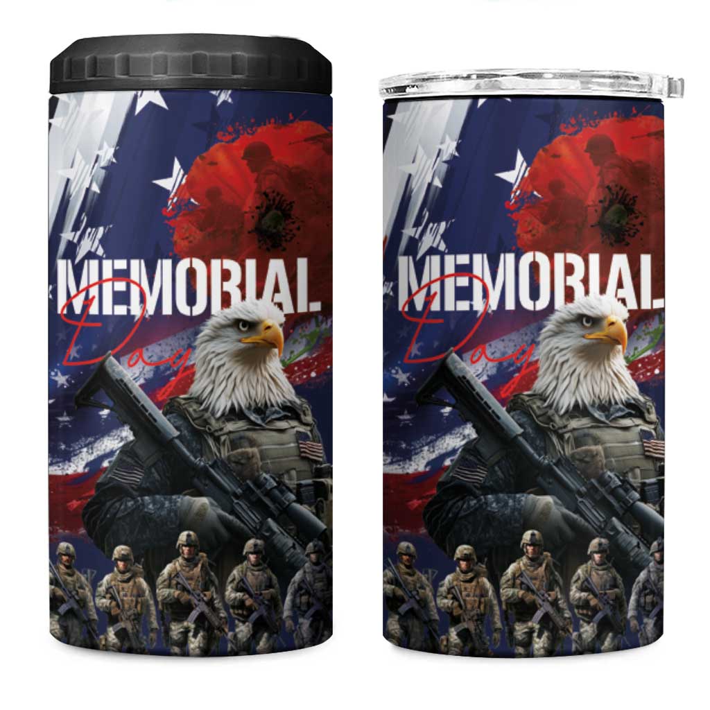 United States Memorial Day 4 in 1 Can Cooler Tumbler Bald Eagle and US Soldier-Honor and Remember The Fallen