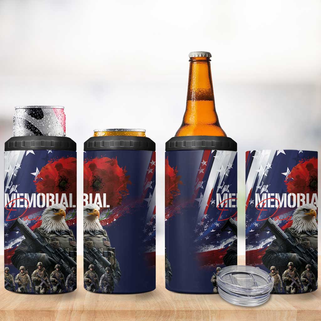 United States Memorial Day 4 in 1 Can Cooler Tumbler Bald Eagle and US Soldier-Honor and Remember The Fallen