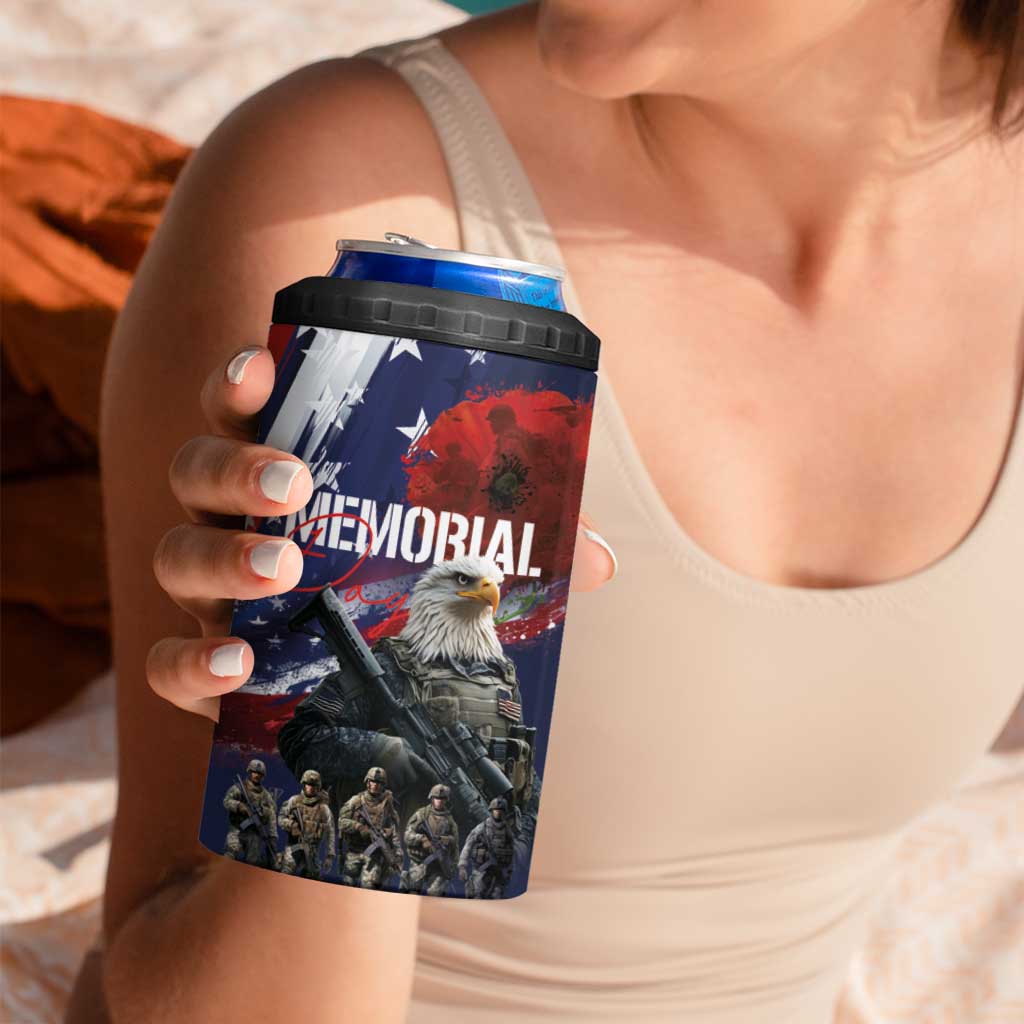 United States Memorial Day 4 in 1 Can Cooler Tumbler Bald Eagle and US Soldier-Honor and Remember The Fallen