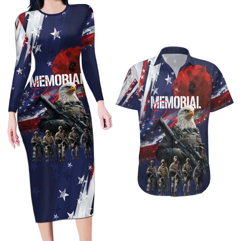 United States Memorial Day Couples Matching Long Sleeve Bodycon Dress and Hawaiian Shirt Bald Eagle US Soldier-Honor and Remember The Fallen