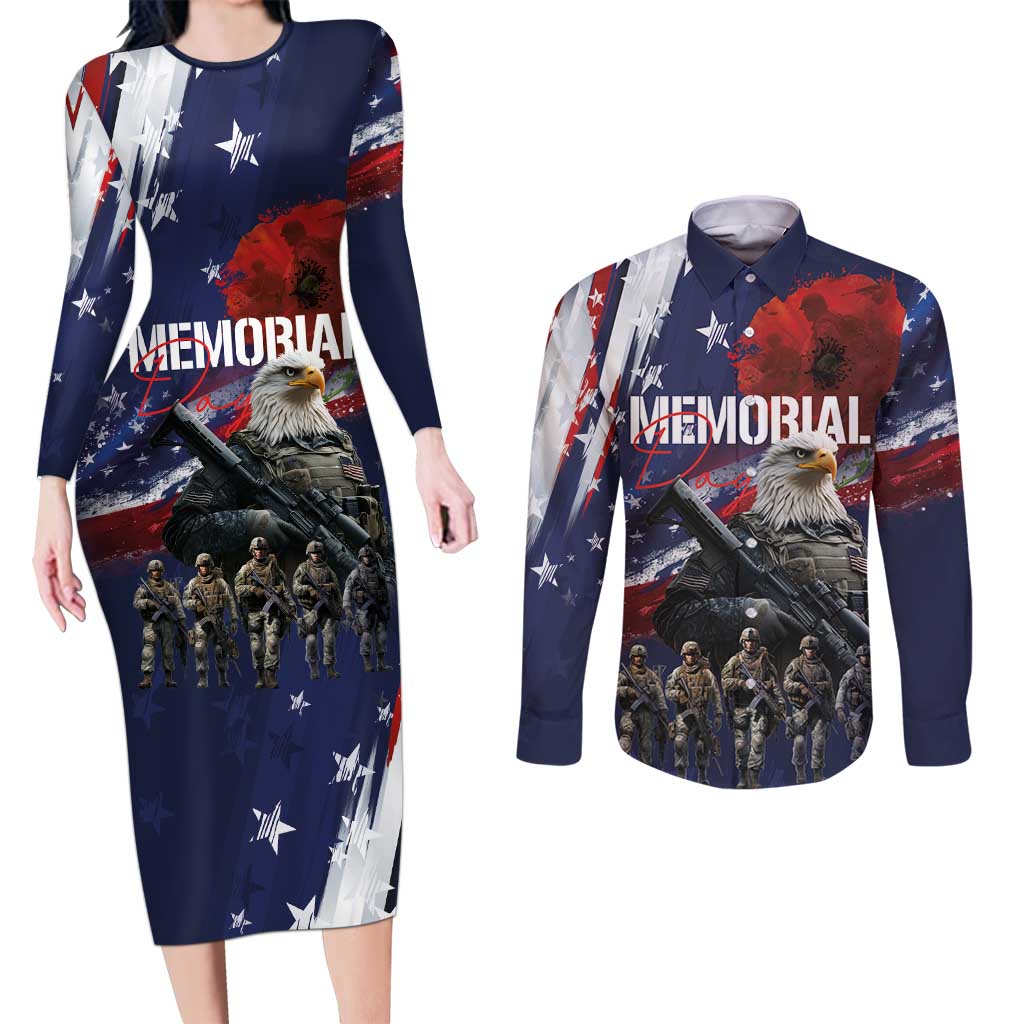 United States Memorial Day Couples Matching Long Sleeve Bodycon Dress and Long Sleeve Button Shirt Bald Eagle US Soldier-Honor and Remember The Fallen