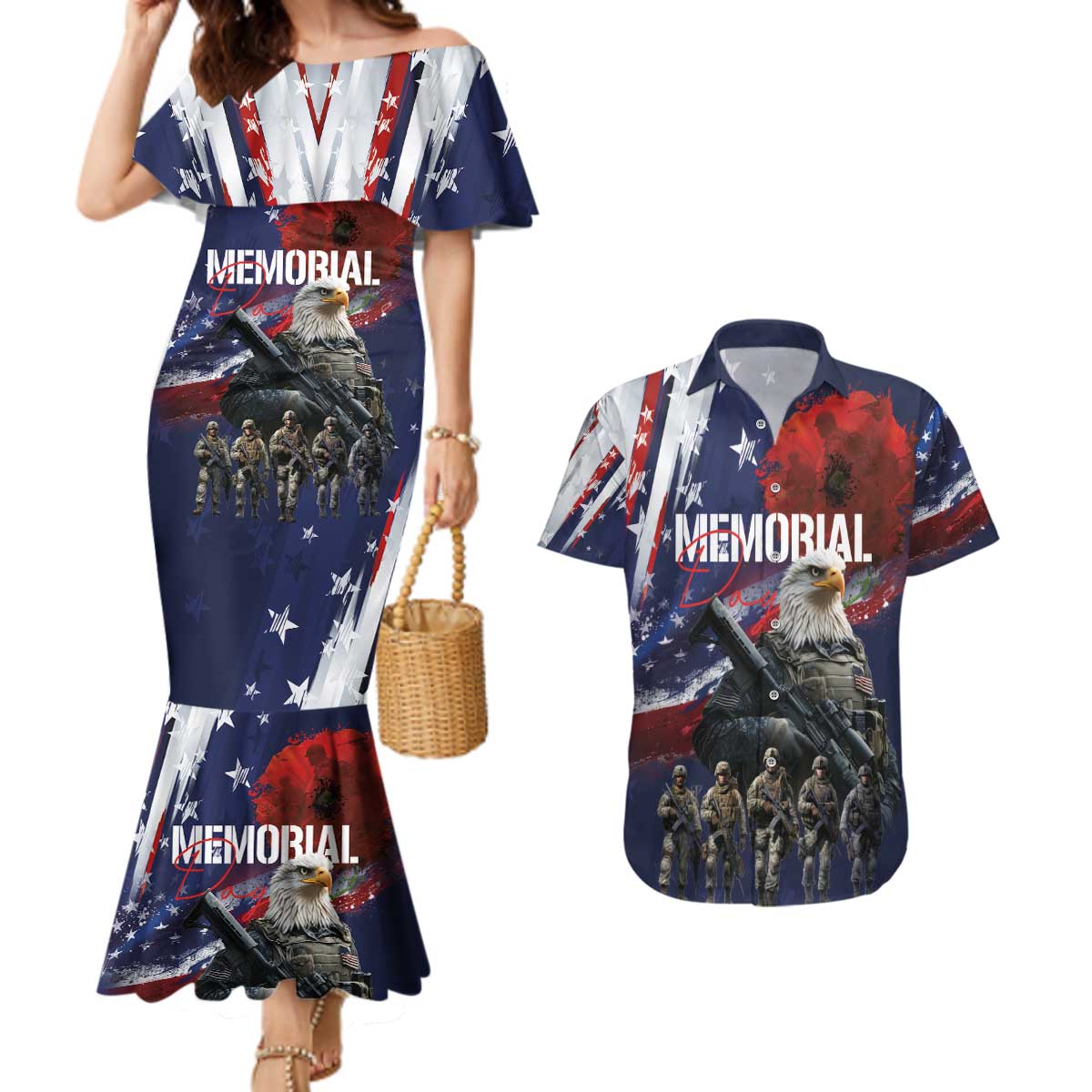 United States Memorial Day Couples Matching Mermaid Dress and Hawaiian Shirt Bald Eagle US Soldier-Honor and Remember The Fallen