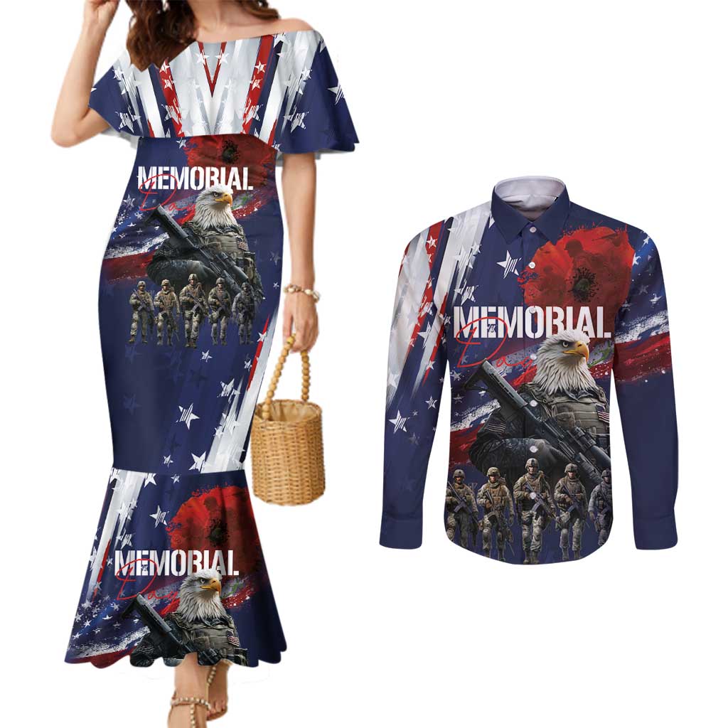 United States Memorial Day Couples Matching Mermaid Dress and Long Sleeve Button Shirt Bald Eagle US Soldier-Honor and Remember The Fallen