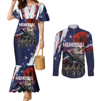 United States Memorial Day Couples Matching Mermaid Dress and Long Sleeve Button Shirt Bald Eagle US Soldier-Honor and Remember The Fallen