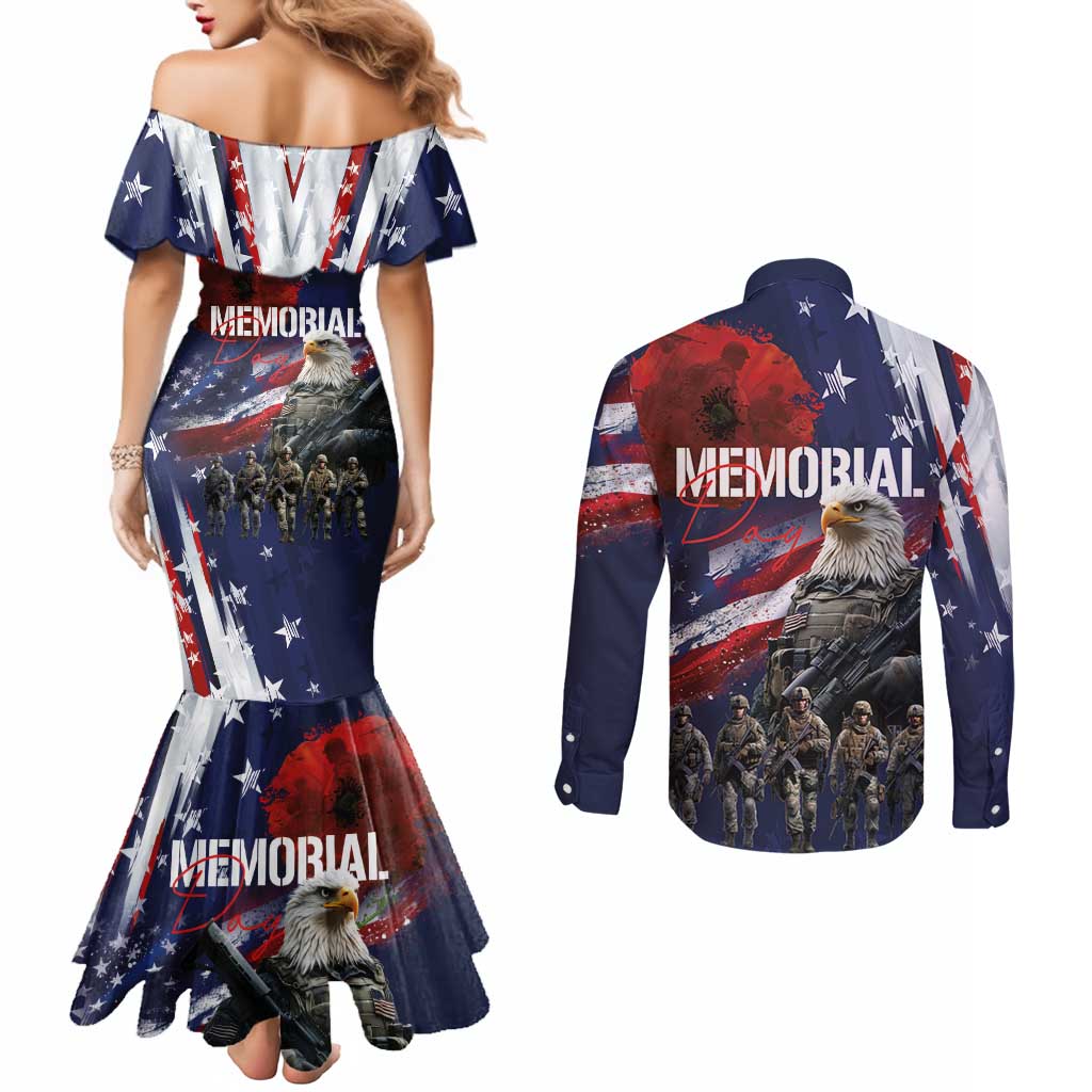 United States Memorial Day Couples Matching Mermaid Dress and Long Sleeve Button Shirt Bald Eagle US Soldier-Honor and Remember The Fallen