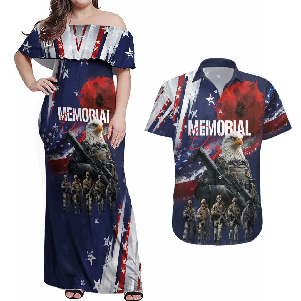 United States Memorial Day Couples Matching Off Shoulder Maxi Dress and Hawaiian Shirt Bald Eagle US Soldier-Honor and Remember The Fallen