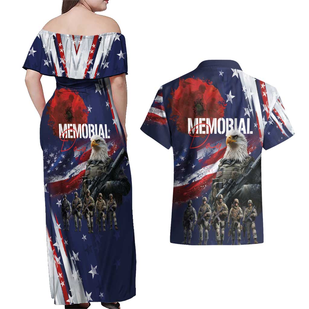 United States Memorial Day Couples Matching Off Shoulder Maxi Dress and Hawaiian Shirt Bald Eagle US Soldier-Honor and Remember The Fallen