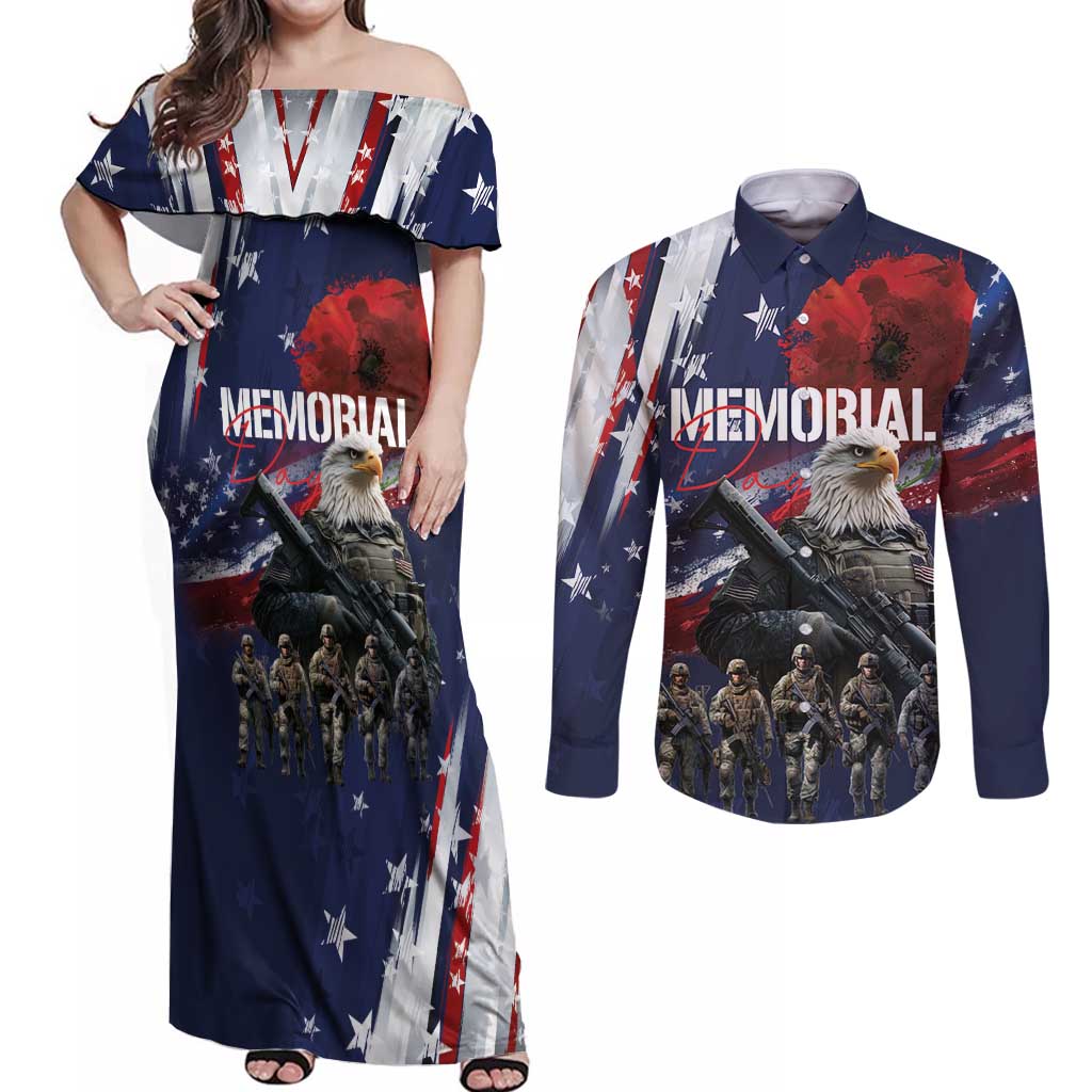 United States Memorial Day Couples Matching Off Shoulder Maxi Dress and Long Sleeve Button Shirt Bald Eagle US Soldier-Honor and Remember The Fallen