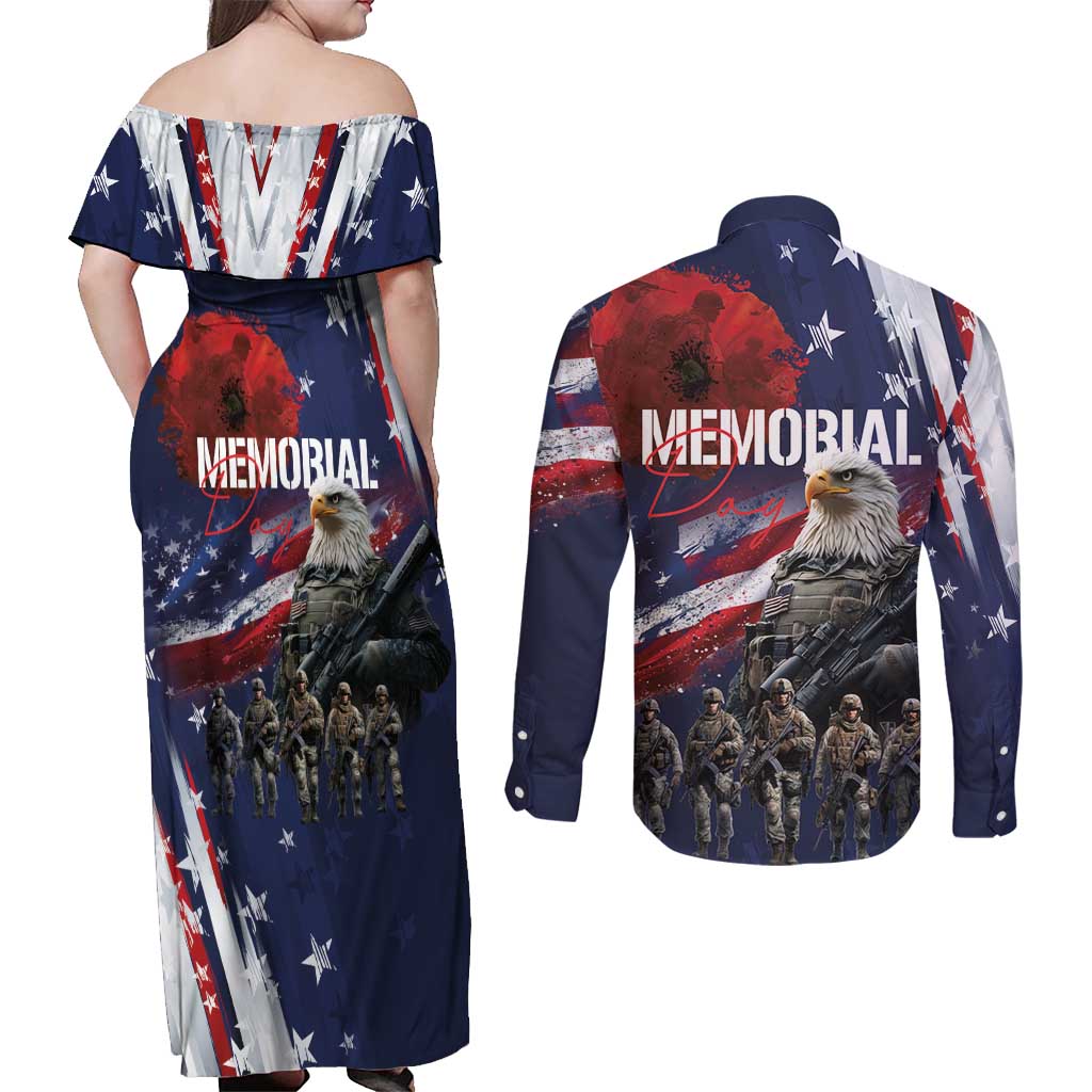 United States Memorial Day Couples Matching Off Shoulder Maxi Dress and Long Sleeve Button Shirt Bald Eagle US Soldier-Honor and Remember The Fallen