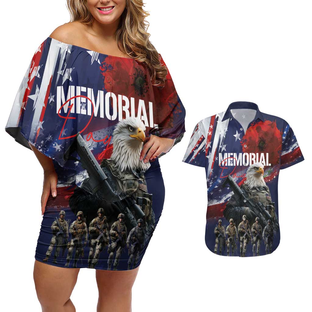 United States Memorial Day Couples Matching Off Shoulder Short Dress and Hawaiian Shirt Bald Eagle US Soldier-Honor and Remember The Fallen