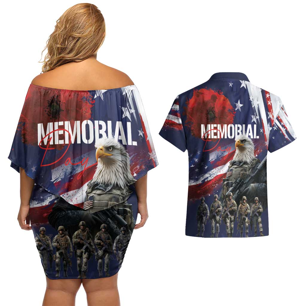 United States Memorial Day Couples Matching Off Shoulder Short Dress and Hawaiian Shirt Bald Eagle US Soldier-Honor and Remember The Fallen