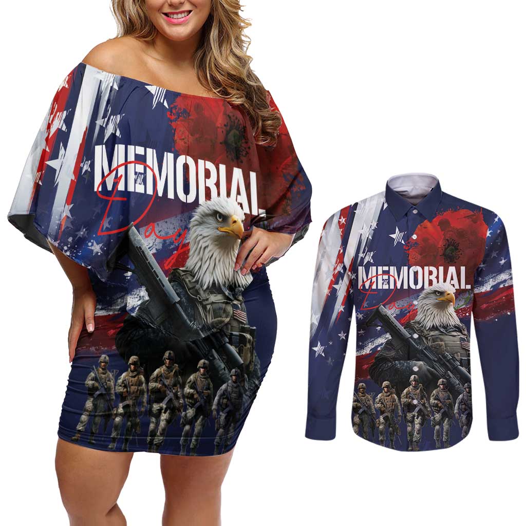 United States Memorial Day Couples Matching Off Shoulder Short Dress and Long Sleeve Button Shirt Bald Eagle US Soldier-Honor and Remember The Fallen