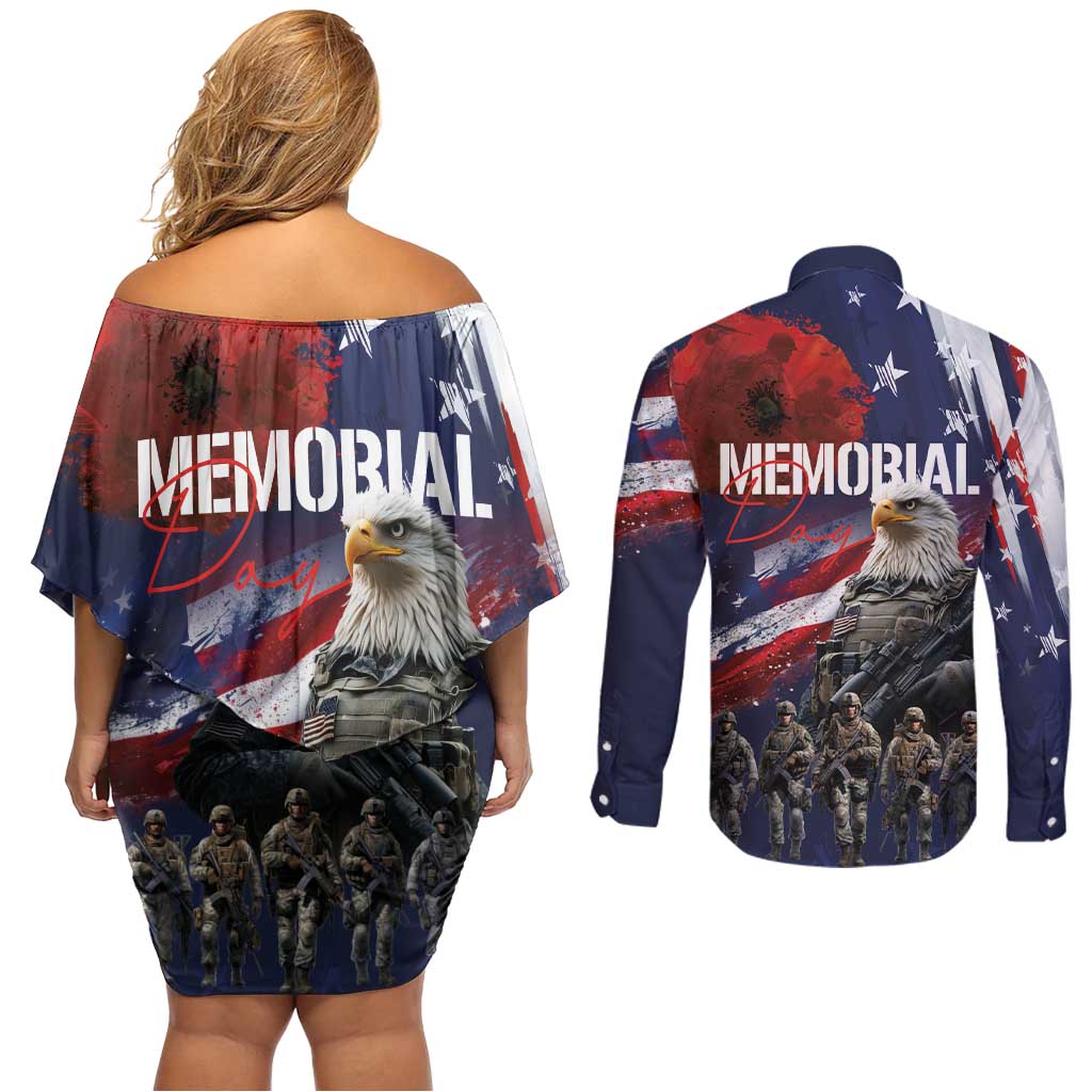 United States Memorial Day Couples Matching Off Shoulder Short Dress and Long Sleeve Button Shirt Bald Eagle US Soldier-Honor and Remember The Fallen