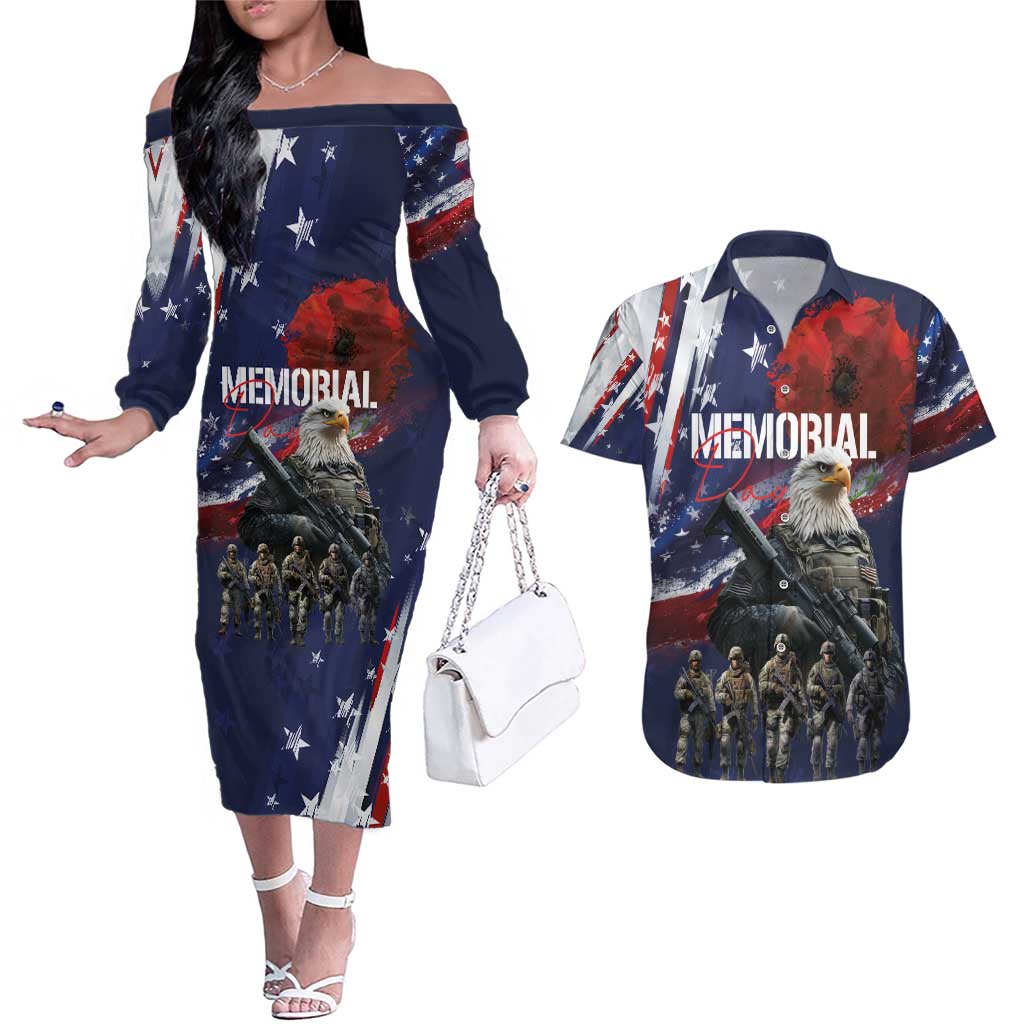 United States Memorial Day Couples Matching Off The Shoulder Long Sleeve Dress and Hawaiian Shirt Bald Eagle US Soldier-Honor and Remember The Fallen