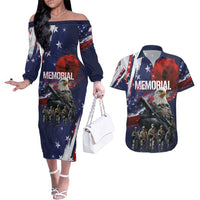 United States Memorial Day Couples Matching Off The Shoulder Long Sleeve Dress and Hawaiian Shirt Bald Eagle US Soldier-Honor and Remember The Fallen